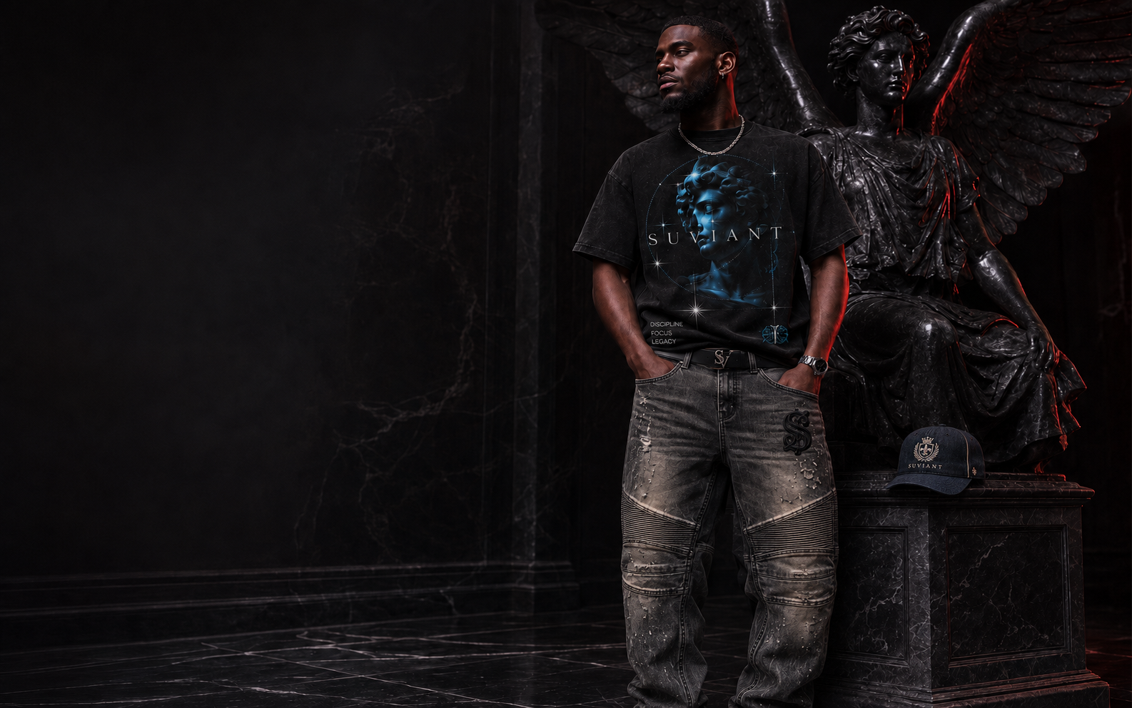 SUVIANT model in a dramatic black marble setting